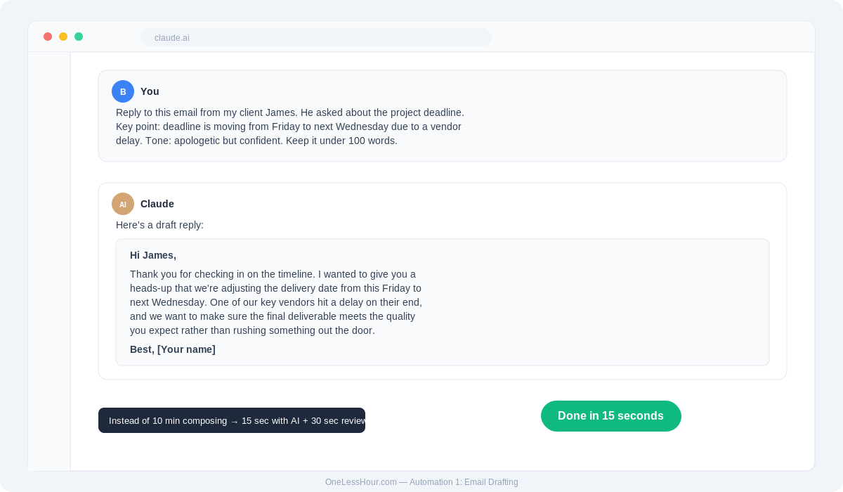 AI email drafting interface showing a prompt and generated response