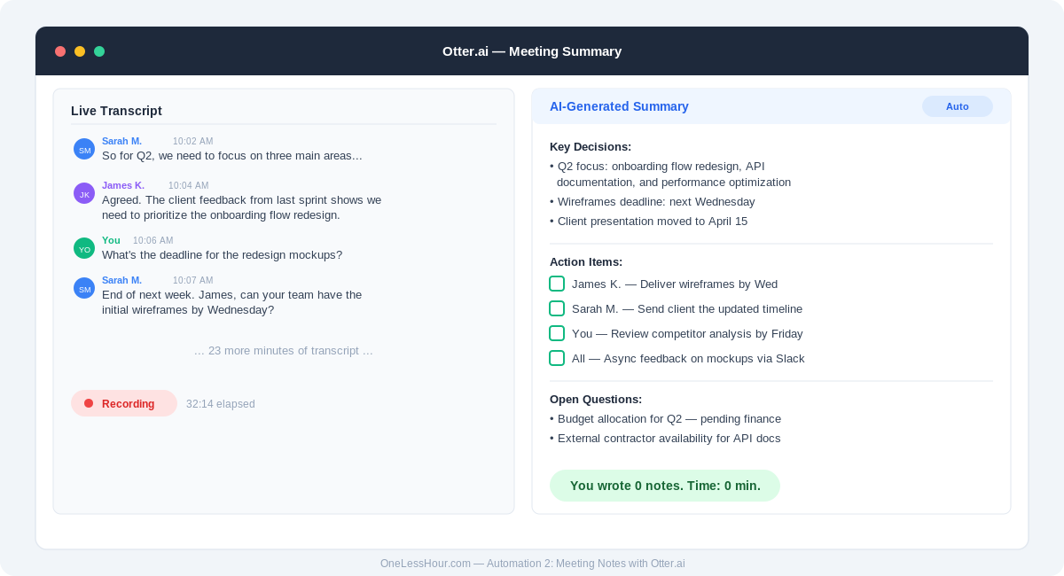 Otter.ai meeting transcription interface with automatic notes and action items
