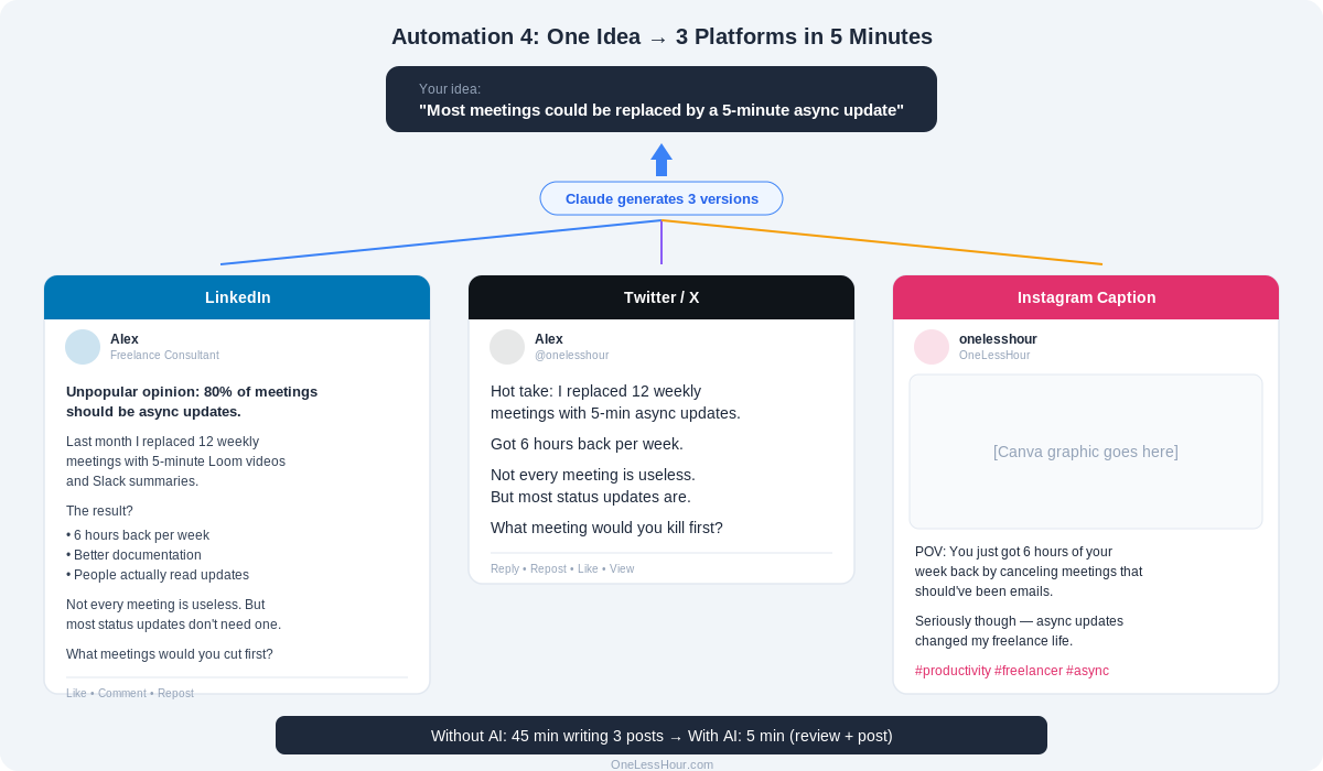 AI-generated social media posts for LinkedIn, Twitter, and Instagram