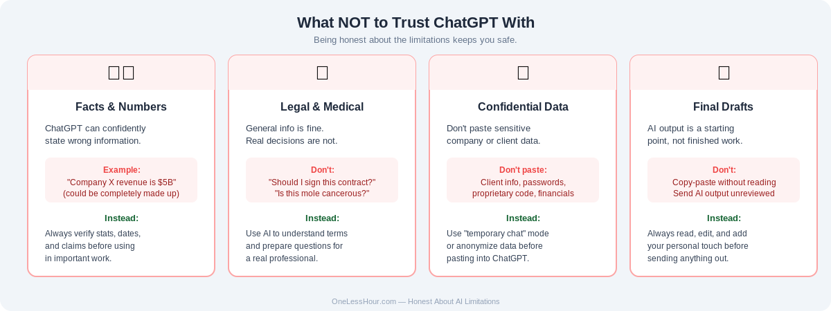 Four warning cards showing what not to trust ChatGPT with: facts, legal, confidential, final drafts