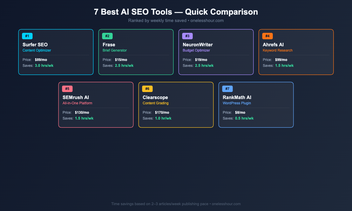 Comparison chart of 7 best ai seo tools with pricing and time saved per week