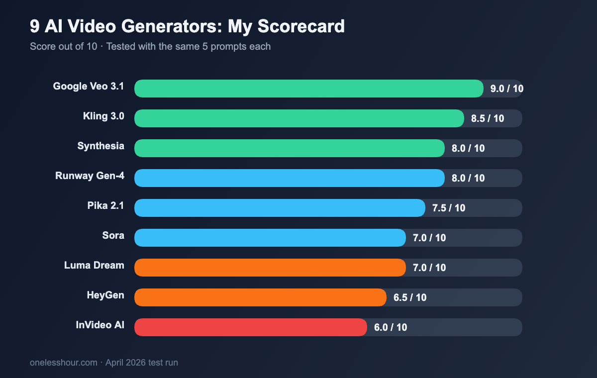 Scorecard bar chart of the best ai video generator options I tested with Veo 3.1 leading at 9 out of 10
