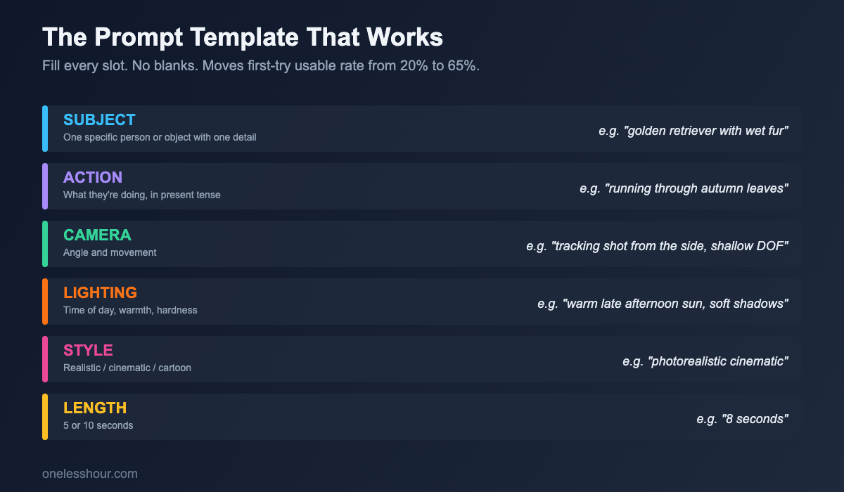 Prompt template card showing the six slots to fill for every ai video generator prompt