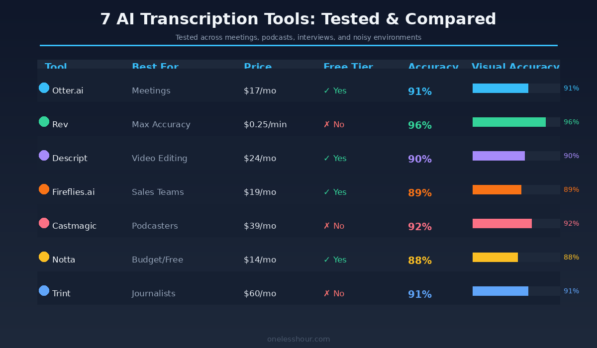 Comparison chart of 7 best transcription software tools showing accuracy, price, and free tier availability