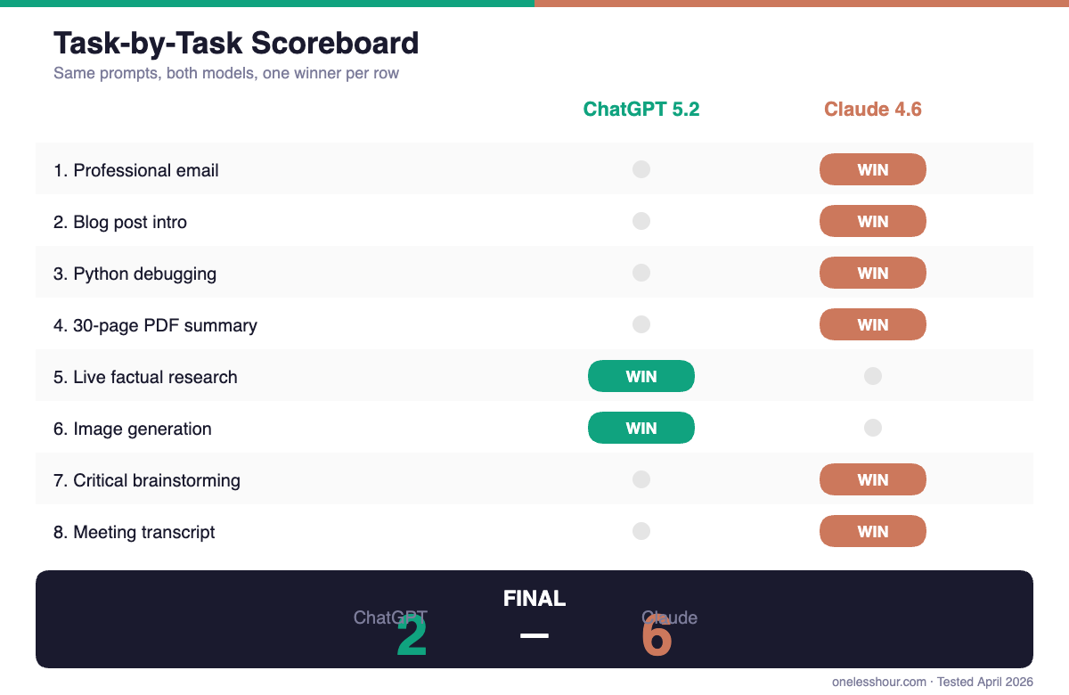 ChatGPT vs Claude scoreboard by task — final score 6 to 2