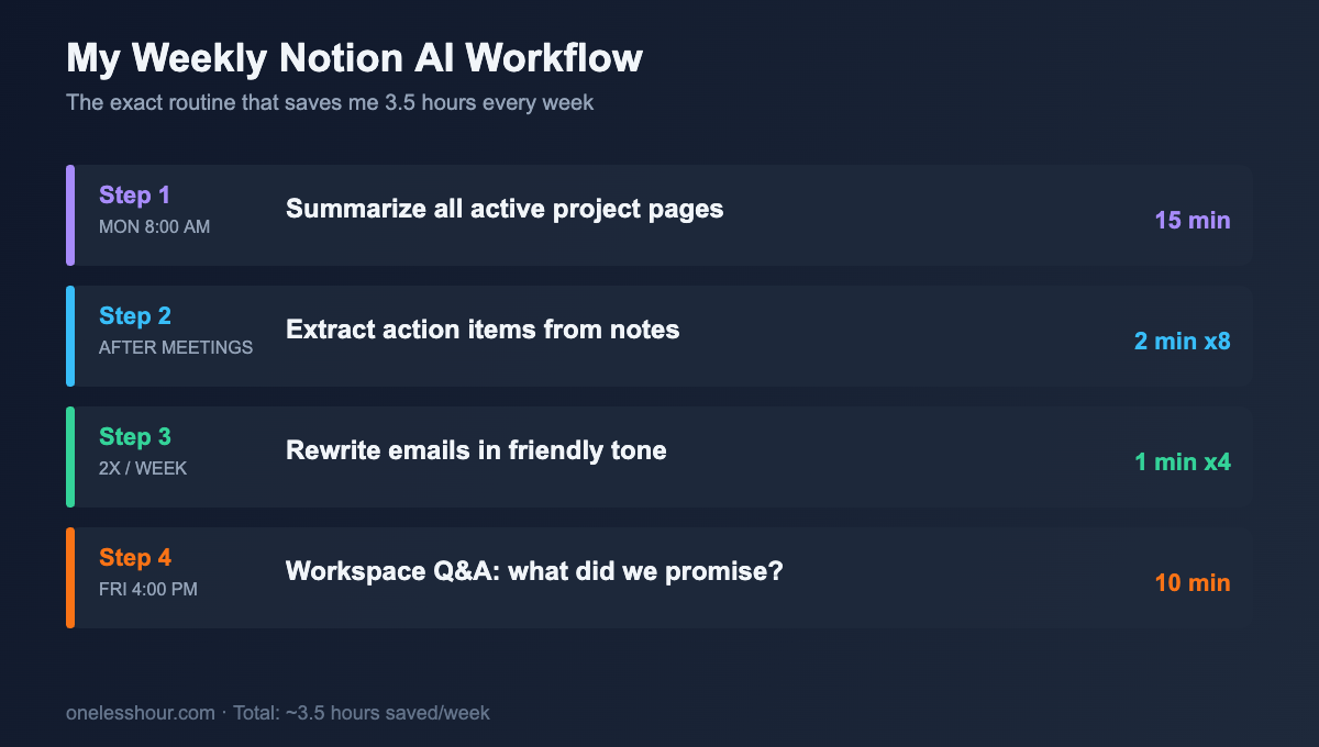 Weekly workflow diagram showing how I use notion ai to save 3.5 hours every week