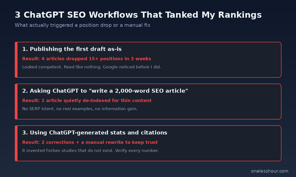 Three red callout cards showing the 3 ChatGPT for SEO workflows that tanked rankings: publishing first drafts, asking ChatGPT to write a 2000-word article, and using ChatGPT-generated stats