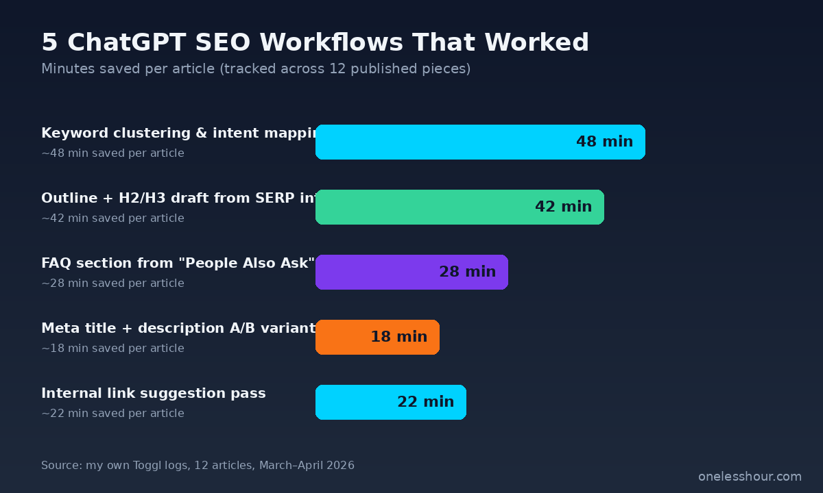 Bar chart showing the 5 ChatGPT for SEO workflows that worked, with minutes saved per article across keyword clustering, outline drafting, FAQ generation, meta title variants, and internal link suggestions