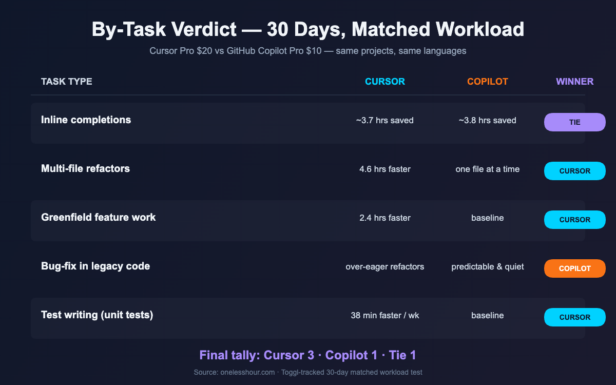 Cursor vs Copilot by-task verdict scoreboard showing wins for each AI coding assistant across 5 task types