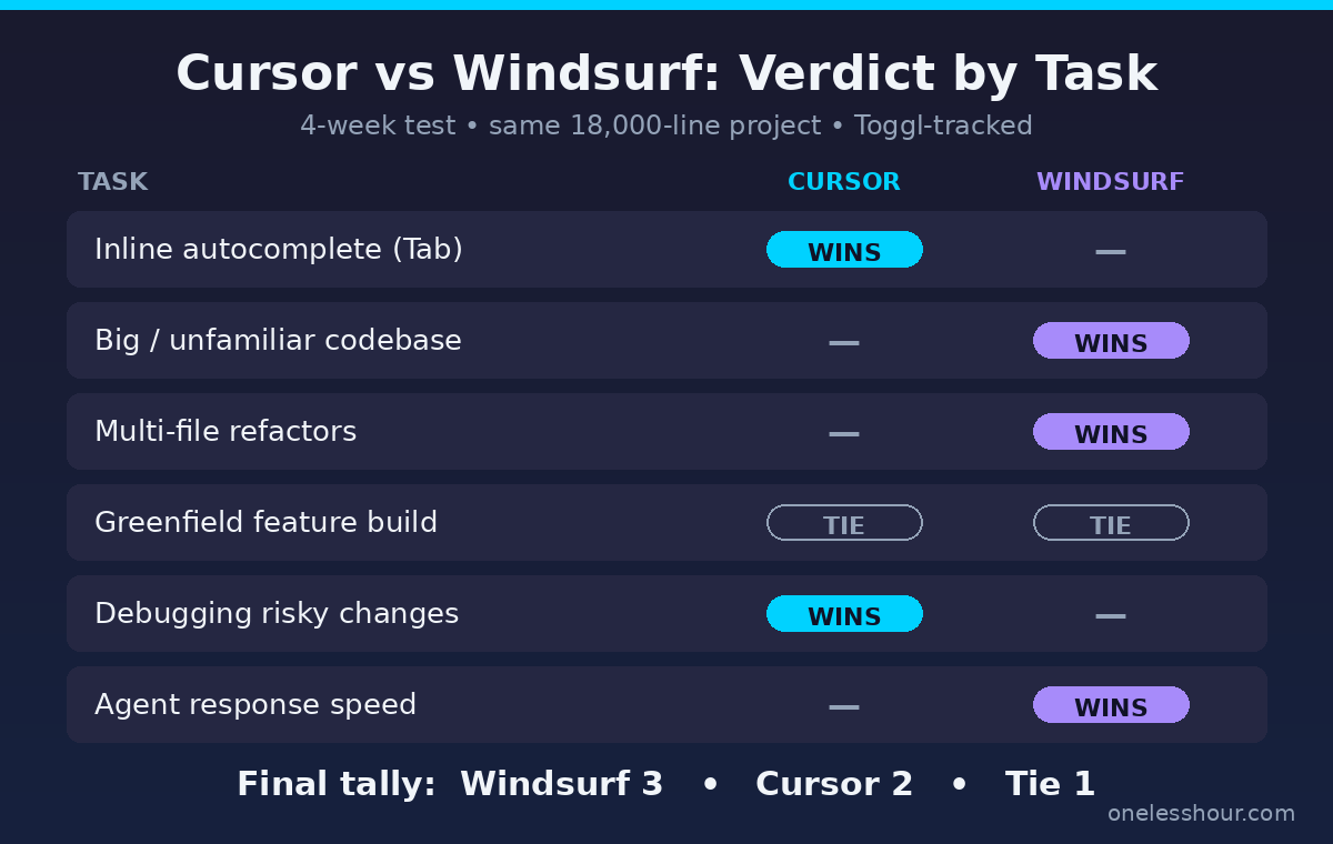 Cursor vs Windsurf verdict by task scoreboard