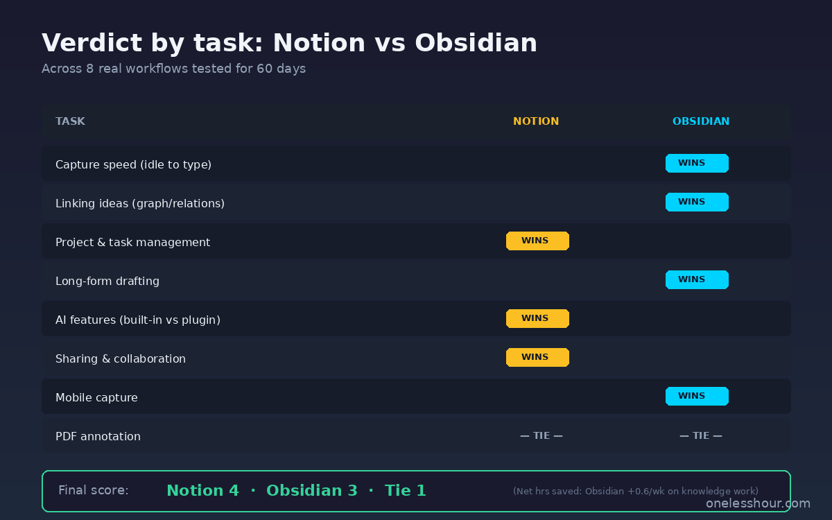 Notion vs Obsidian verdict scoreboard across 8 task types