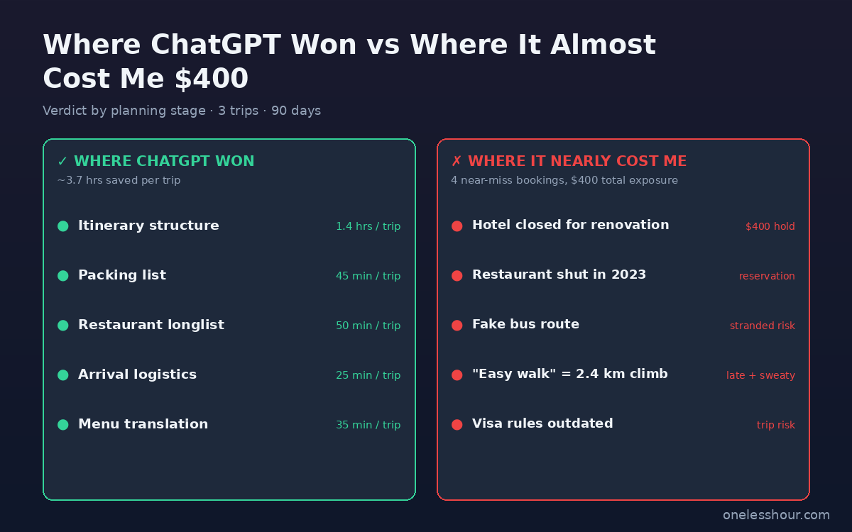 Where ChatGPT won vs almost cost me 400 dollars — by-stage verdict across 3 real trips