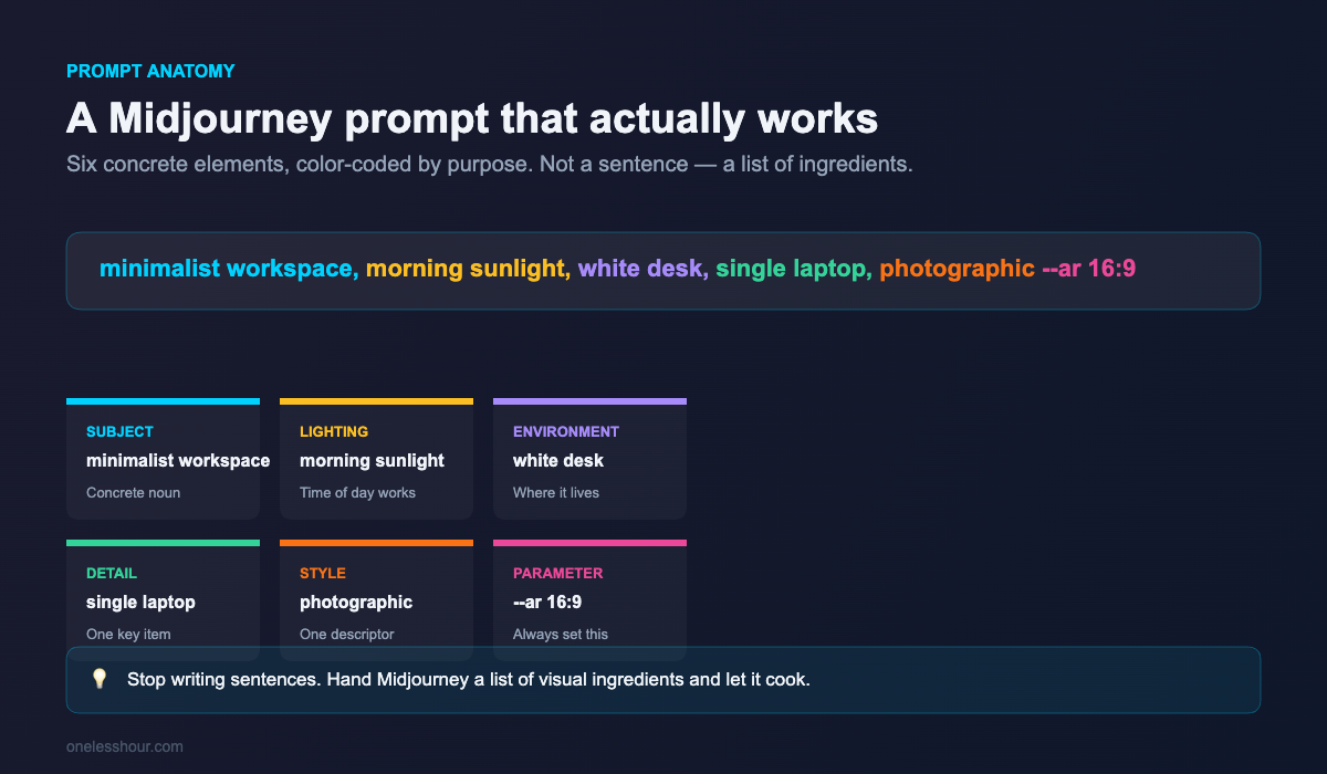 Midjourney prompt anatomy — six color-coded elements showing how to use Midjourney effectively