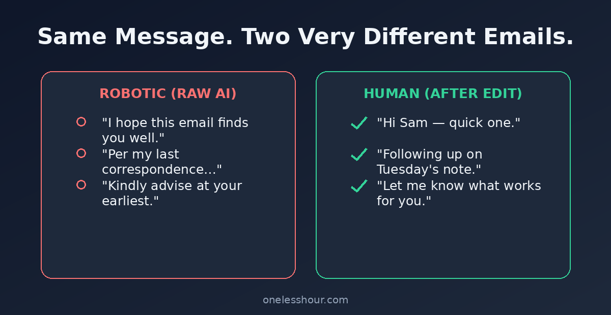 A robotic AI email versus a human-sounding email after editing