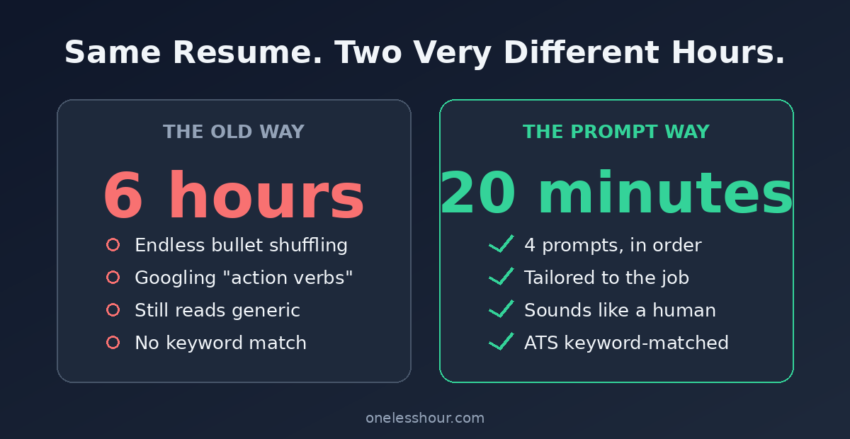 Writing a resume by hand versus with ChatGPT prompts: 6 hours compared to 20 minutes