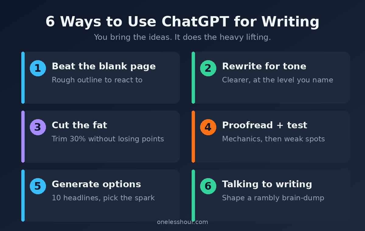 Six ways to use ChatGPT for writing: outline, rewrite, cut, proofread, generate options, and turn talking into writing